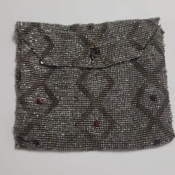 Vintage Coin Purse Beaded Seed Beads Small Red Rhinestones - Picture 1 of 12